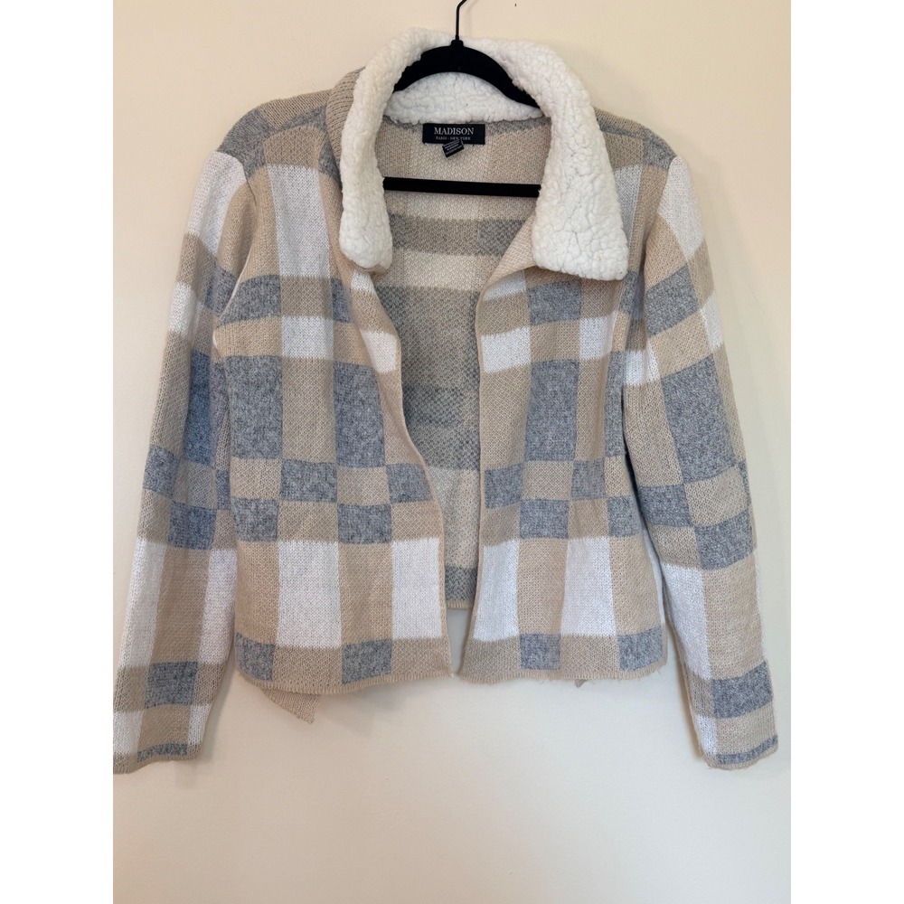 Madison Paris New York Womens XL Plaid Sherpa Collar Open Front Cardigan Tan